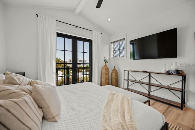 89 Avenida Messina, Sarasota, FL 34242 - bedroom featuring recessed lighting, wood finished floors, access to exterior, french doors, and lofted ceiling with beams