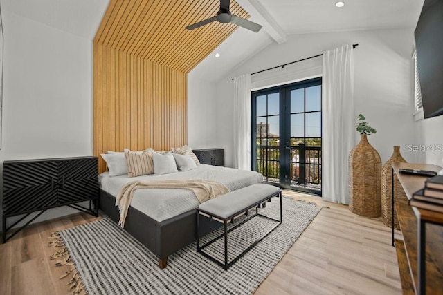 89 Avenida Messina, Sarasota, FL 34242 - bedroom featuring wood finished floors, french doors, beamed ceiling, access to outside, and recessed lighting