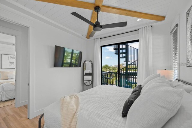 89 Avenida Messina, Sarasota, FL 34242 - bedroom with access to exterior, beamed ceiling, light wood-style floors, baseboards, and ceiling fan