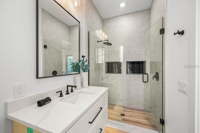 89 Avenida Messina, Sarasota, FL 34242 - bathroom with vanity, recessed lighting, and a stall shower