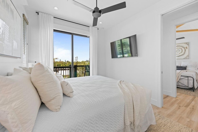 89 Avenida Messina, Sarasota, FL 34242 - bedroom featuring recessed lighting, light wood finished floors, a ceiling fan, baseboards, and access to outside