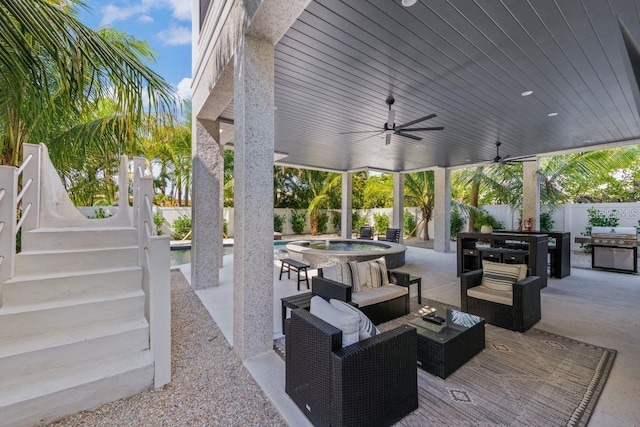 89 Avenida Messina, Sarasota, FL 34242 - view of patio / terrace featuring a fenced in pool, stairs, a fenced backyard, ceiling fan, and an outdoor living space