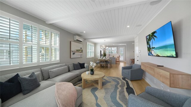 4206 Saltwater Pearl Way, Cortez, FL 34215 - living room with wood ceiling, wood finished floors, an AC wall unit, and recessed lighting