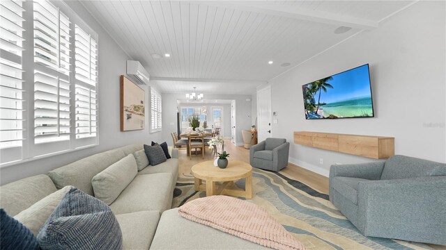 4206 Saltwater Pearl Way, Cortez, FL 34215 - living room with recessed lighting, wood finished floors, wooden ceiling, a wall mounted AC, and a notable chandelier
