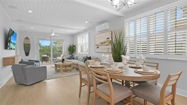 4206 Saltwater Pearl Way, Cortez, FL 34215 - dining space with wooden ceiling, beam ceiling, wood finished floors, and a wall mounted AC