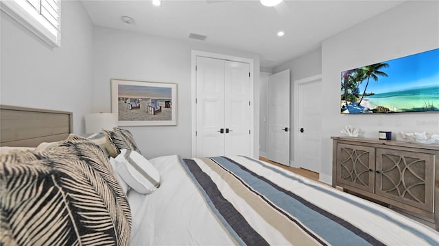 4206 Saltwater Pearl Way, Cortez, FL 34215 - bedroom featuring a ceiling fan, a closet, visible vents, and recessed lighting