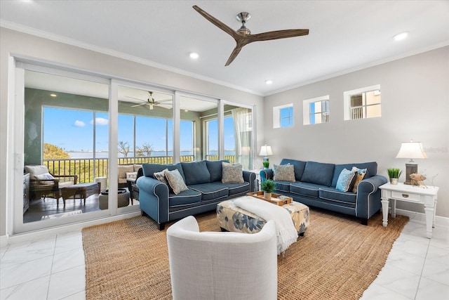 living area with ceiling fan, crown molding, marble finish floor, and recessed lighting