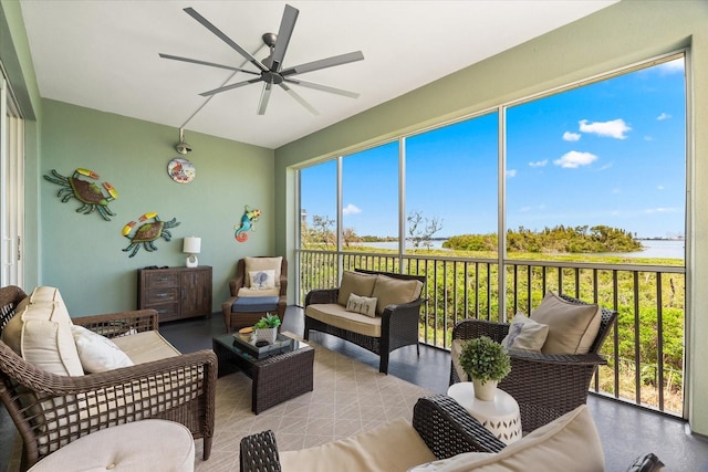 sunroom / solarium with an outdoor hangout area, a water view, and ceiling fan