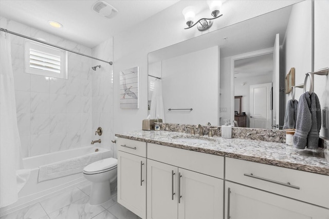full bath with toilet, marble finish floor, vanity, and shower / bath combination with curtain