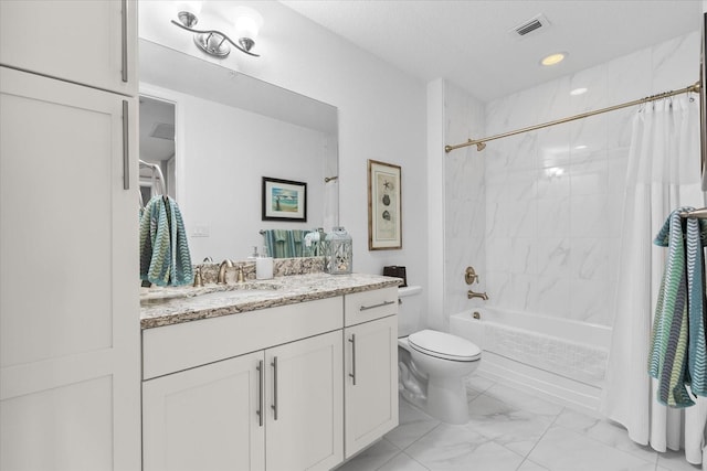 bathroom with toilet, marble finish floor, vanity, shower / tub combo with curtain, and visible vents