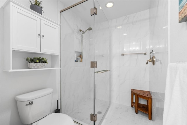 bathroom featuring a stall shower and toilet