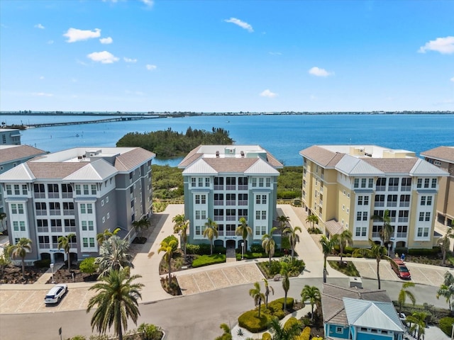 drone / aerial view featuring a water view