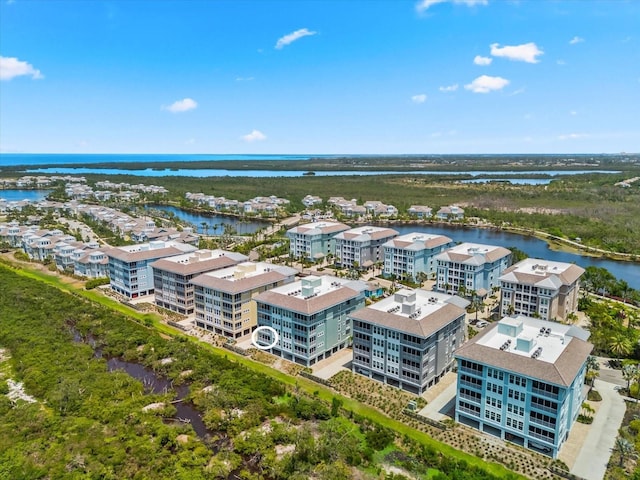 aerial view featuring a water view