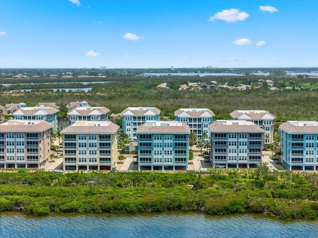 bird's eye view with a water view