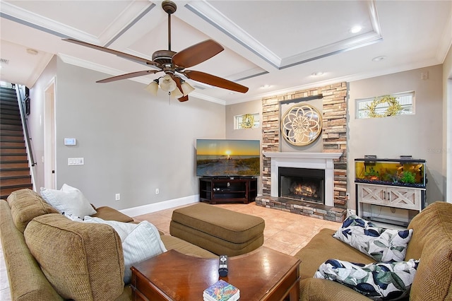 1788 Palm View Rd, Sarasota, FL 34240 - tiled living area featuring crown molding, stairs, a stone fireplace, ceiling fan, and recessed lighting