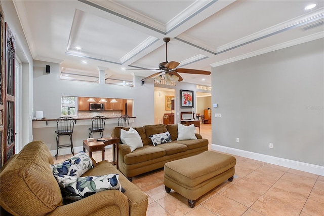 1788 Palm View Rd, Sarasota, FL 34240 - living room featuring crown molding, light tile patterned flooring, beam ceiling, a ceiling fan, and coffered ceiling
