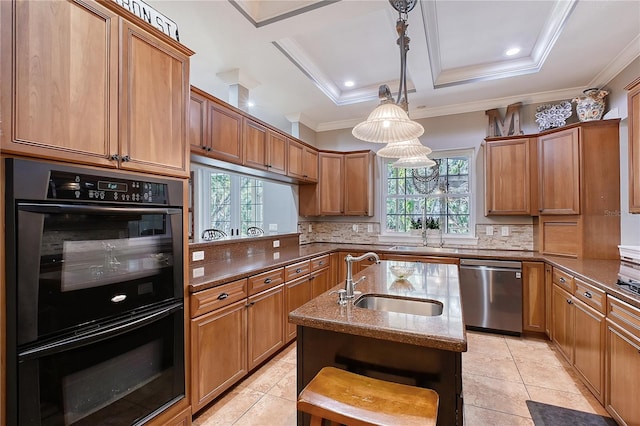 1788 Palm View Rd, Sarasota, FL 34240 - kitchen with stainless steel dishwasher, crown molding, dobule oven black, light stone countertops, and a sink