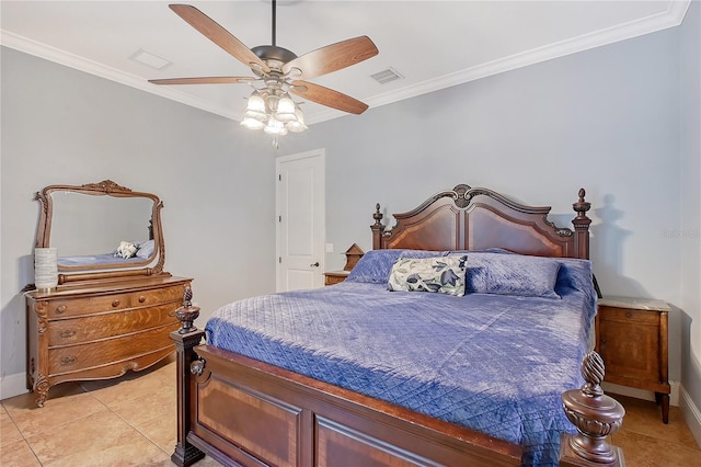 1788 Palm View Rd, Sarasota, FL 34240 - bedroom featuring crown molding, light tile patterned flooring, ceiling fan, baseboards, and visible vents