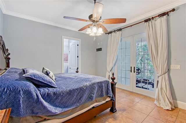 1788 Palm View Rd, Sarasota, FL 34240 - bedroom with ceiling fan, french doors, access to exterior, tile patterned flooring, and ornamental molding