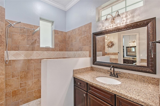 1788 Palm View Rd, Sarasota, FL 34240 - bathroom with walk in shower, plenty of natural light, ornamental molding, and vanity