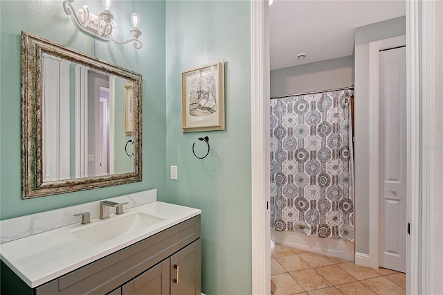 1788 Palm View Rd, Sarasota, FL 34240 - bathroom with a notable chandelier, tile patterned flooring, vanity, toilet, and shower / bath combination with curtain