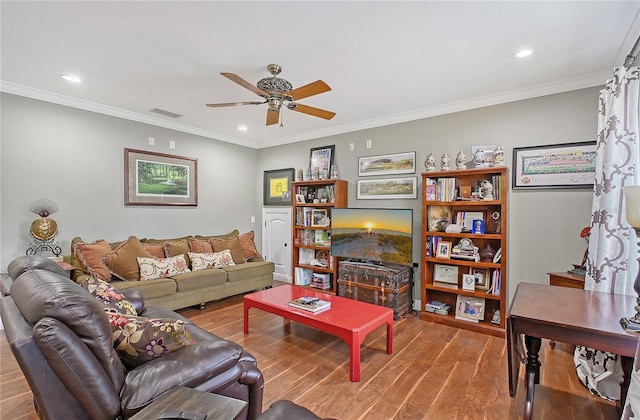 1788 Palm View Rd, Sarasota, FL 34240 - living area with crown molding, a ceiling fan, recessed lighting, wood finished floors, and visible vents