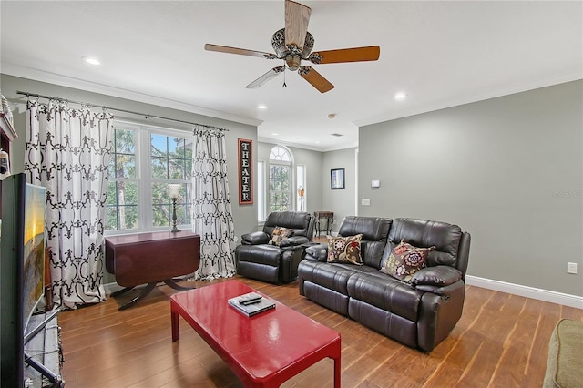 1788 Palm View Rd, Sarasota, FL 34240 - living room featuring crown molding, wood finished floors, baseboards, recessed lighting, and a ceiling fan