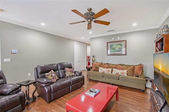 1788 Palm View Rd, Sarasota, FL 34240 - living area featuring visible vents, a ceiling fan, crown molding, and wood finished floors