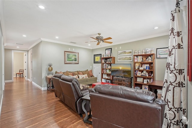 1788 Palm View Rd, Sarasota, FL 34240 - living room featuring ornamental molding, wood finished floors, baseboards, recessed lighting, and a ceiling fan