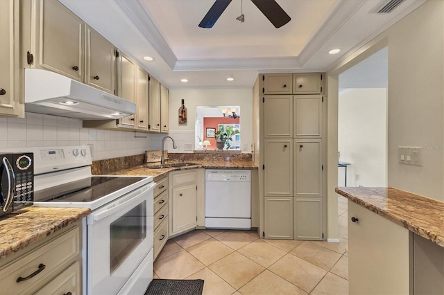 kitchen with ceiling fan, a sink, white appliances, under cabinet range hood, and visible vents