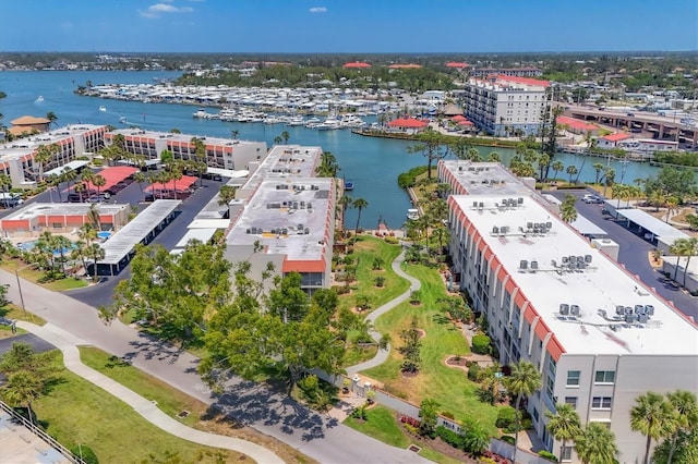 bird's eye view with a water view