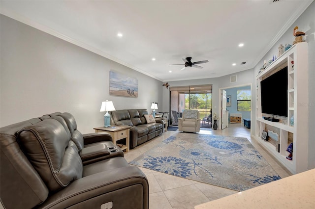 living area featuring a ceiling fan, crown molding, light tile patterned flooring, and recessed lighting