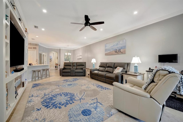 living room with visible vents, recessed lighting, ceiling fan, and crown molding