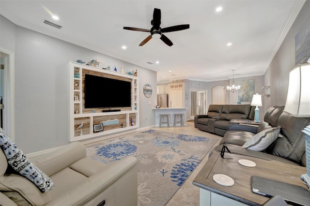 living room with ceiling fan with notable chandelier, visible vents, recessed lighting, and crown molding