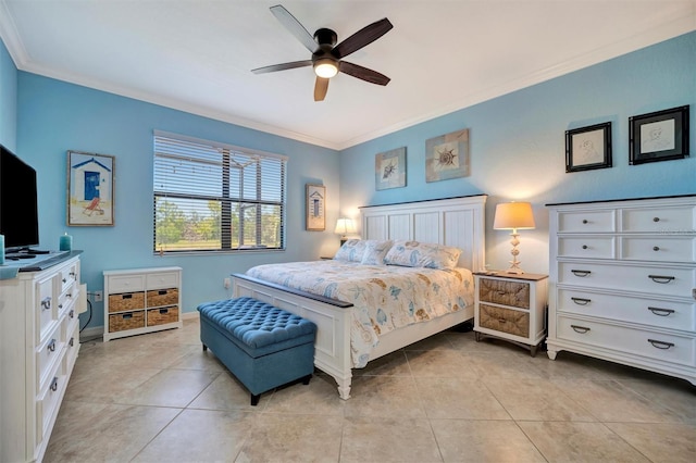 bedroom with a ceiling fan, baseboards, ornamental molding, and light tile patterned flooring