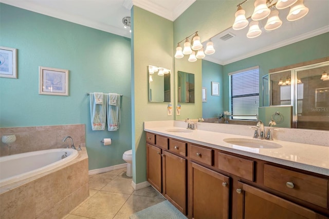 bathroom with a sink, a stall shower, a bath, tile patterned flooring, and visible vents