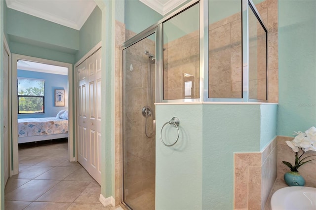full bath with tile patterned flooring, a stall shower, ornamental molding, and connected bathroom