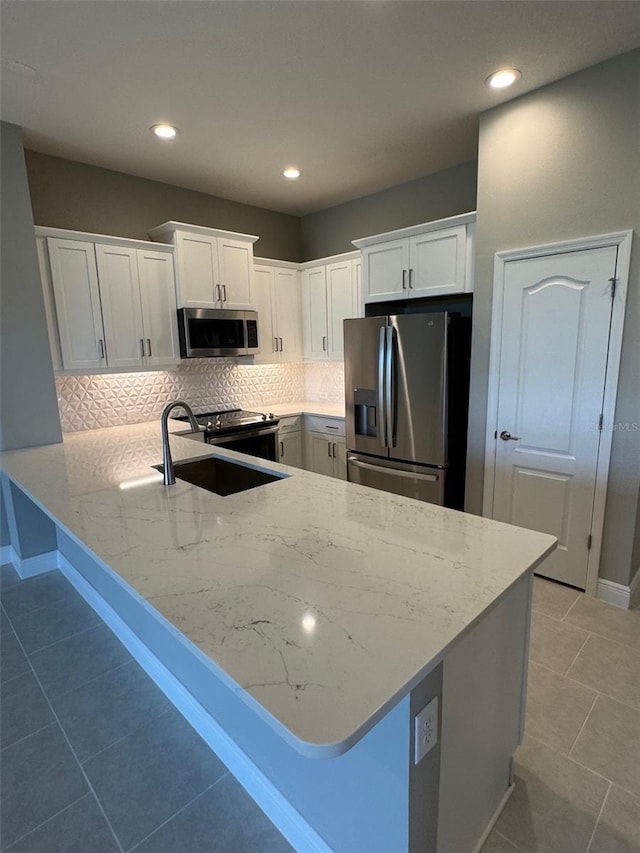 kitchen featuring white cabinets, a peninsula, a sink, backsplash, and appliances with stainless steel finishes