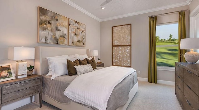 bedroom with light carpet, baseboards, recessed lighting, and ornamental molding
