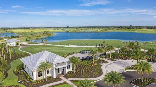 drone / aerial view with a water view