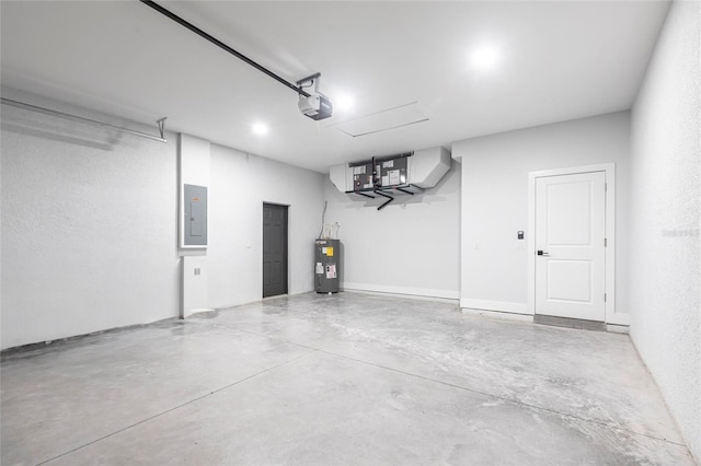 garage with electric water heater, electric panel, and a garage door opener