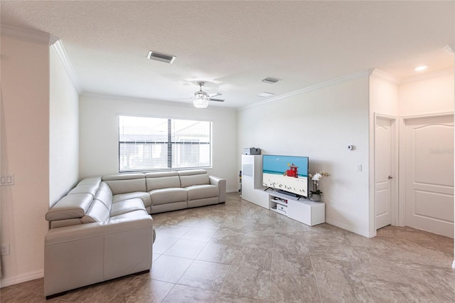 living room with visible vents, crown molding, a ceiling fan, and baseboards
