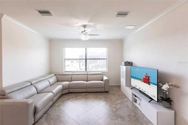 living area with light tile patterned floors, visible vents, ceiling fan, and crown molding