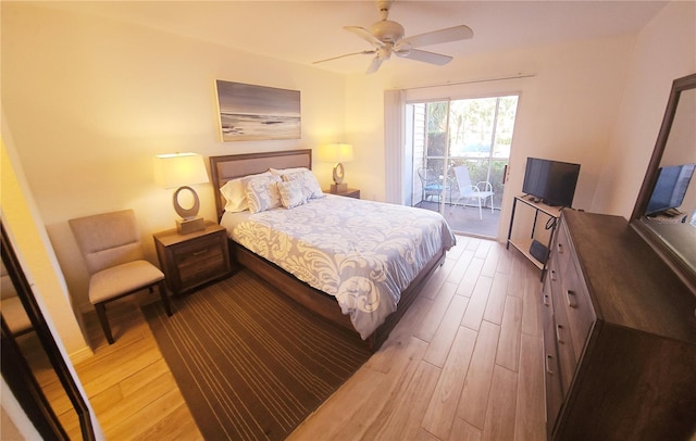 bedroom with access to outside, light wood-style floors, and ceiling fan
