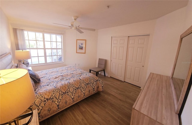 bedroom with wood finished floors, a closet, and a ceiling fan