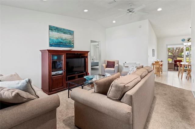 3909 40th St W, Bradenton, FL 34205 - living room featuring a ceiling fan, vaulted ceiling, recessed lighting, and light colored carpet