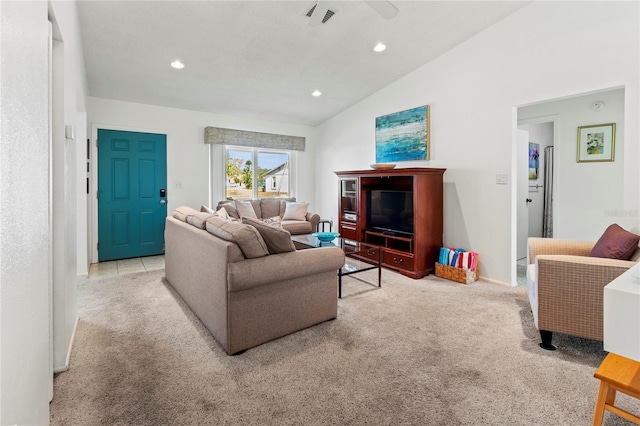3909 40th St W, Bradenton, FL 34205 - carpeted living area with visible vents, baseboards, ceiling fan, recessed lighting, and vaulted ceiling