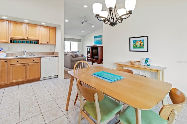 3909 40th St W, Bradenton, FL 34205 - dining area featuring recessed lighting, light tile patterned floors, lofted ceiling, and ceiling fan with notable chandelier