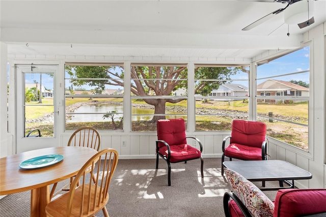 3909 40th St W, Bradenton, FL 34205 - sunroom featuring outdoor dining area, a water view, and ceiling fan