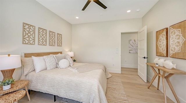 8800 Midnight Pass Rd, Sarasota, FL 34242 - bedroom with light wood-style flooring, recessed lighting, and ceiling fan